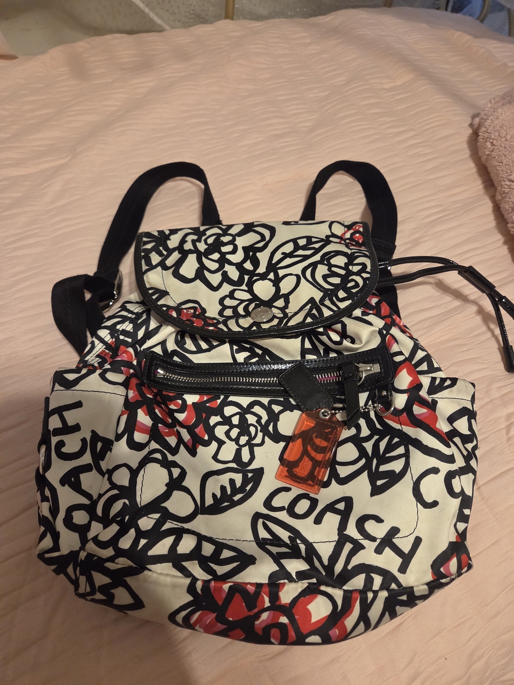 COACH Poppy Daisy F16582 Black White Red Pink Floral Graffiti Sateen Backpack